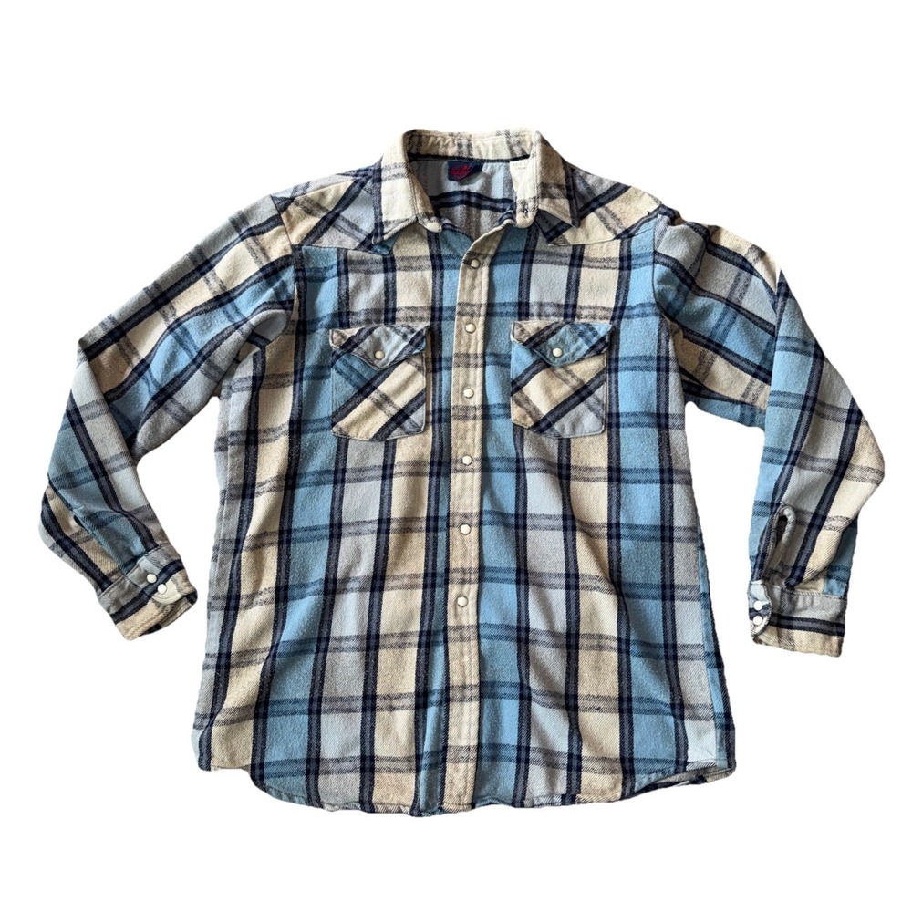 Vintage Dakota Tallman Men's Large Tall Pearl Snap Flannel Shirt Blue Tan Plaid